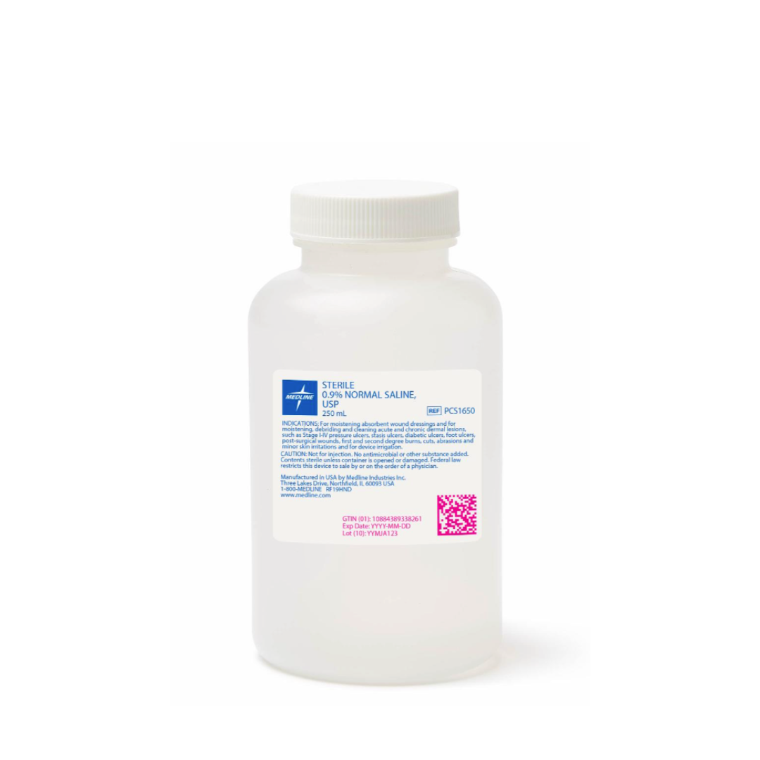 A clear plastic bottle labeled "Medline Sterile 0.9% Normal Saline," with a white cap and blue-white label, is shown against a white background. Key specifications are provided in the included table.